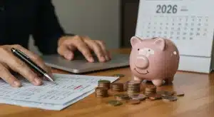 Budget Personnel 2026 : Évitez Ces 7 Erreurs pour une Meilleure Épargne Personne analysant son budget personnel 2026 sur un ordinateur portable avec des pièces et une tirelire.
