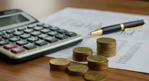 Calculatrice affichant des chiffres financiers, symbolisant la gestion budgétaire et l'impact des taux d'intérêt sur les crédits en 2026.