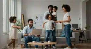 Parents et enfants souriants jouant ensemble, symbolisant l'équilibre vie pro-perso grâce au congé parental.