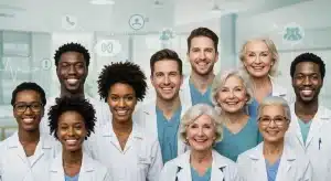Groupe diversifié de personnes souriantes symbolisant l'accès aux soins de santé et la Mutuelle Santé Solidaire.