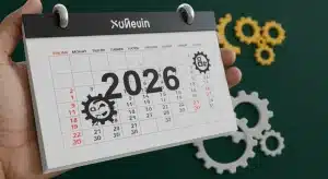 Calendrier 2026 avec symboles de retraite et engrenages, illustrant la réforme des retraites.
