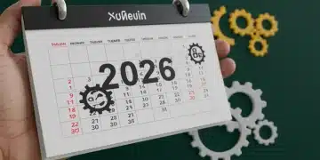 Calendrier 2026 avec symboles de retraite et engrenages, illustrant la réforme des retraites.
