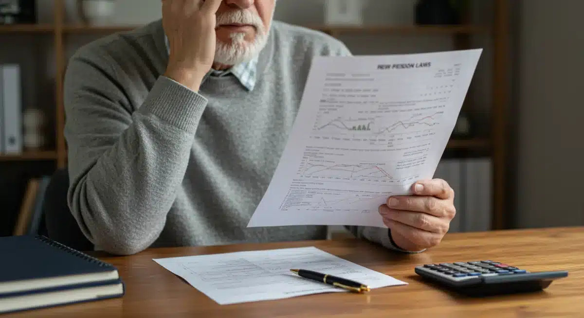 Personne âgée préoccupée examinant un document financier complexe sur les pensions.