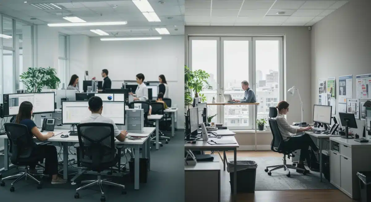 Comparaison entre travail au bureau et télétravail, illustrant la flexibilité des nouvelles régulations
