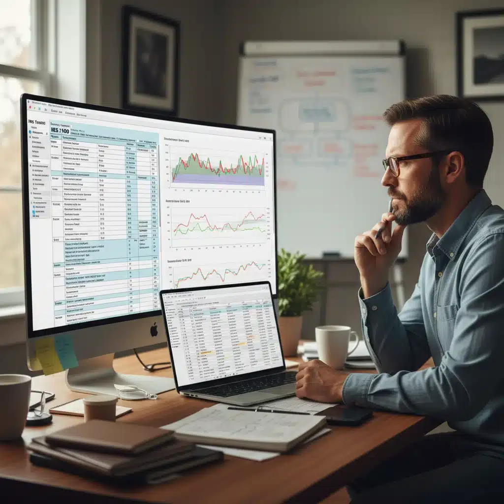 Personne analysant des formulaires fiscaux et des graphiques financiers sur un écran d'ordinateur.