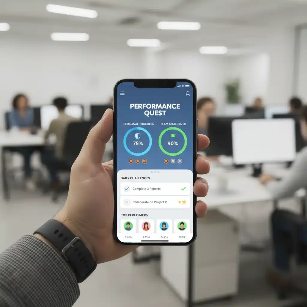 Main tenant un smartphone affichant une application de suivi de performance et de gamification pour la rémunération variable.
