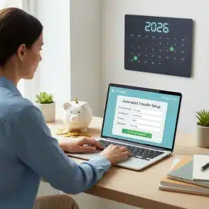 Automatisation du Budget 2026 : Épargnez 50 € Chaque Semaine Sans Effort Personne configurant un virement automatique pour l'épargne sur un ordinateur portable, avec un calendrier 2026 en arrière-plan.