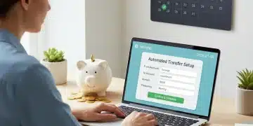 Personne configurant un virement automatique pour l'épargne sur un ordinateur portable, avec un calendrier 2026 en arrière-plan.