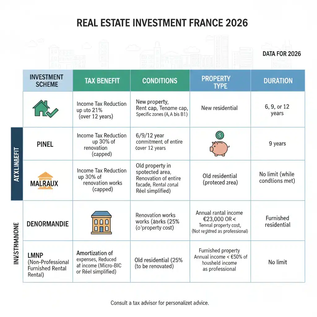 Graphique comparatif des dispositifs de défiscalisation immobilière pour 2026 (Pinel, Malraux, Denormandie, LMNP), mettant en évidence leurs spécificités.