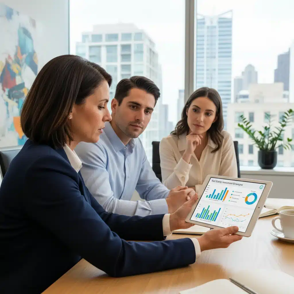 Conseiller financier expliquant les mécanismes de défiscalisation immobilière à un couple, illustrant les avantages fiscaux et les stratégies d'investissement.