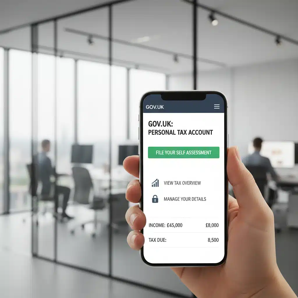 Main tenant un smartphone affichant une application fiscale ou un site web gouvernemental sur les impôts.