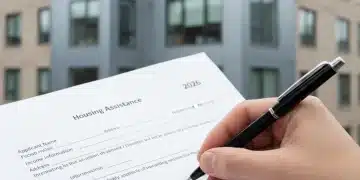 Personne remplissant un formulaire de demande d'aide au logement pour 2026, avec des documents administratifs et un stylo.