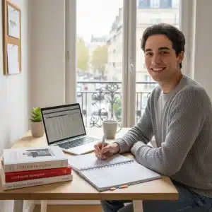 Étudiant souriant gérant son budget sur un ordinateur portable en France