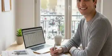 Étudiant souriant gérant son budget sur un ordinateur portable en France