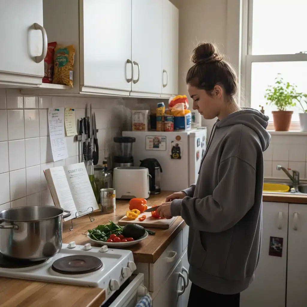 Étudiant préparant un repas économique et sain dans sa cuisine