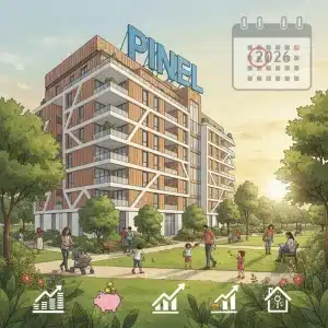 Défiscalisation 2026 : Optimisez vos Investissements Immobiliers avec Pinel et Plus Illustration d'un immeuble neuf symbolisant l'investissement Pinel, avec des éléments de verdure et des familles, évoquant la défiscalisation immobilière en 2026.