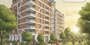 Illustration d'un immeuble neuf symbolisant l'investissement Pinel, avec des éléments de verdure et des familles, évoquant la défiscalisation immobilière en 2026.