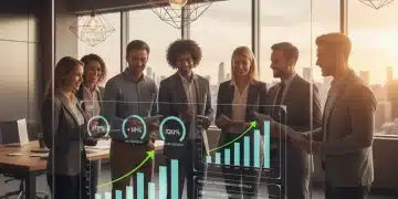 Professionnels souriants analysant des données de performance sur un écran, symbolisant l'impact de la rémunération variable.