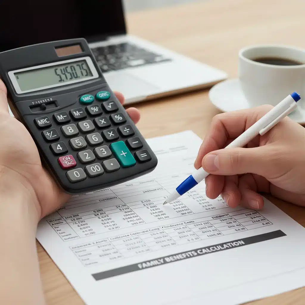 Personne calculant ses droits aux allocations familiales avec une calculatrice et des documents