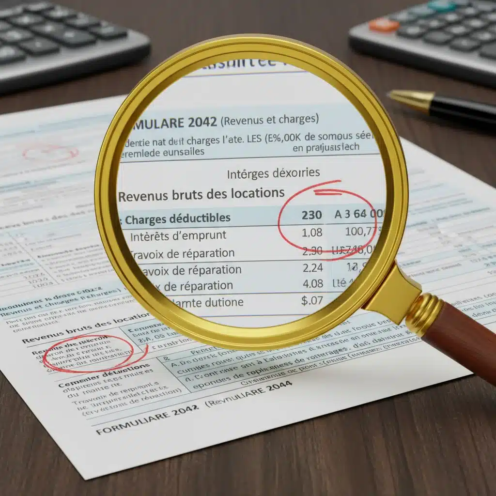Loupe sur un formulaire de déclaration de revenus fonciers, mettant en évidence les lignes pour les déductions.