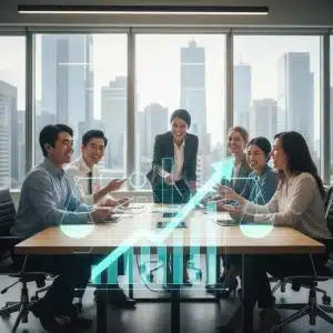 Professionnels diversifiés collaborant dans un bureau moderne, symbolisant l'égalité salariale et la réussite collective.