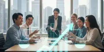 Professionnels diversifiés collaborant dans un bureau moderne, symbolisant l'égalité salariale et la réussite collective.