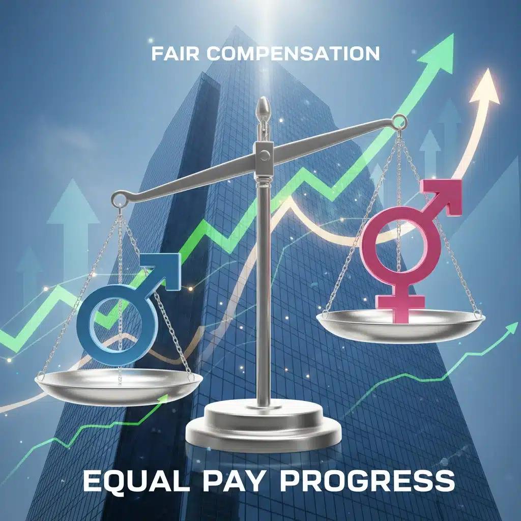 Balance équilibrée avec symboles homme-femme, représentant l'équité salariale et la progression professionnelle.