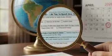 Formulaire fiscal complexe avec une loupe et un globe, symbolisant l'Exit Tax 2026 et ses implications internationales.