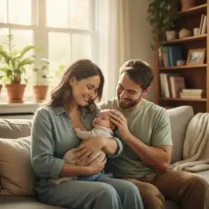 Famille heureuse avec bébé, symbolisant le congé parental et le bien-être familial.