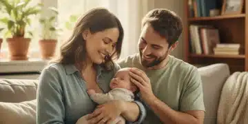 Famille heureuse avec bébé, symbolisant le congé parental et le bien-être familial.