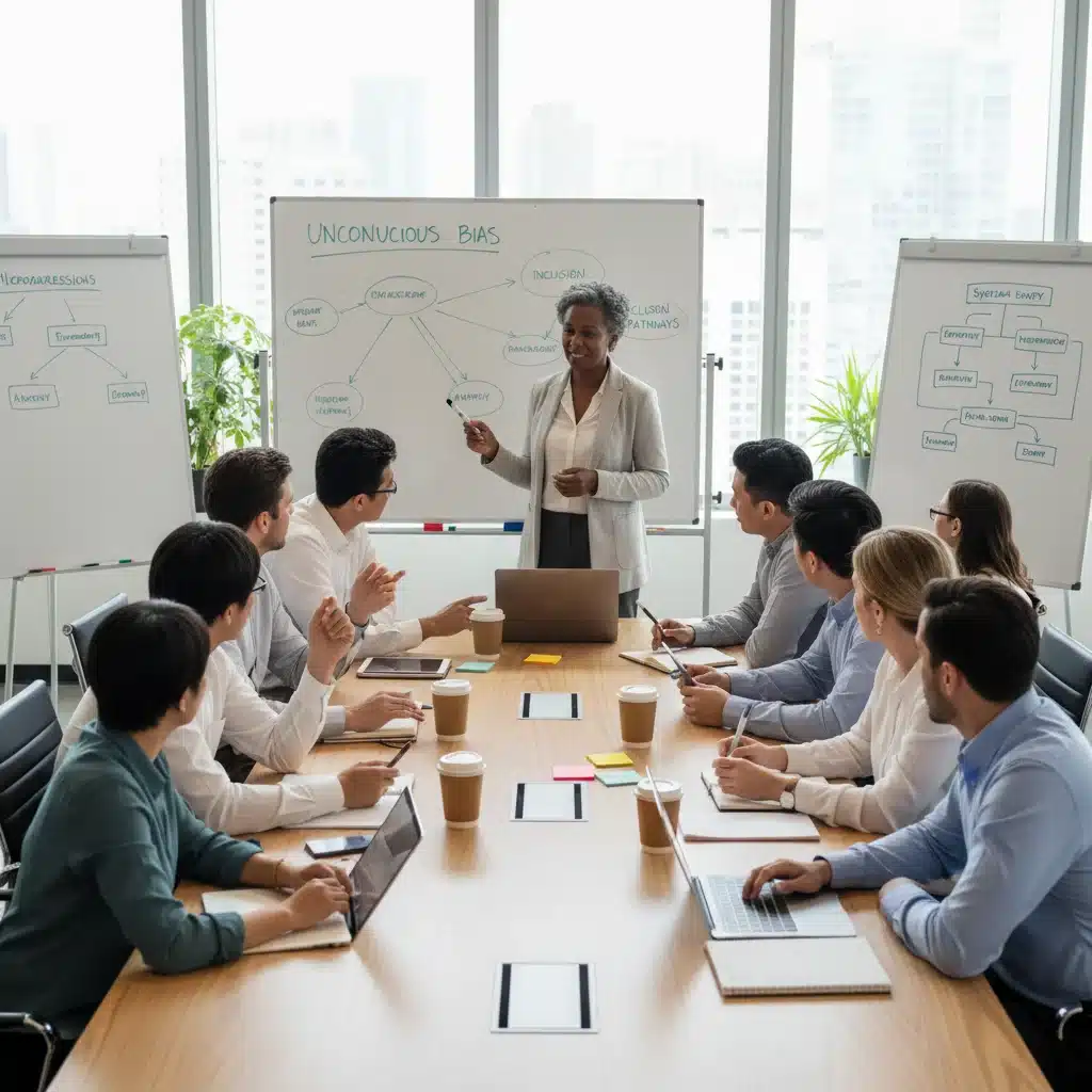 Employés diversifiés en formation sur les biais inconscients et la diversité, favorisant un environnement inclusif.