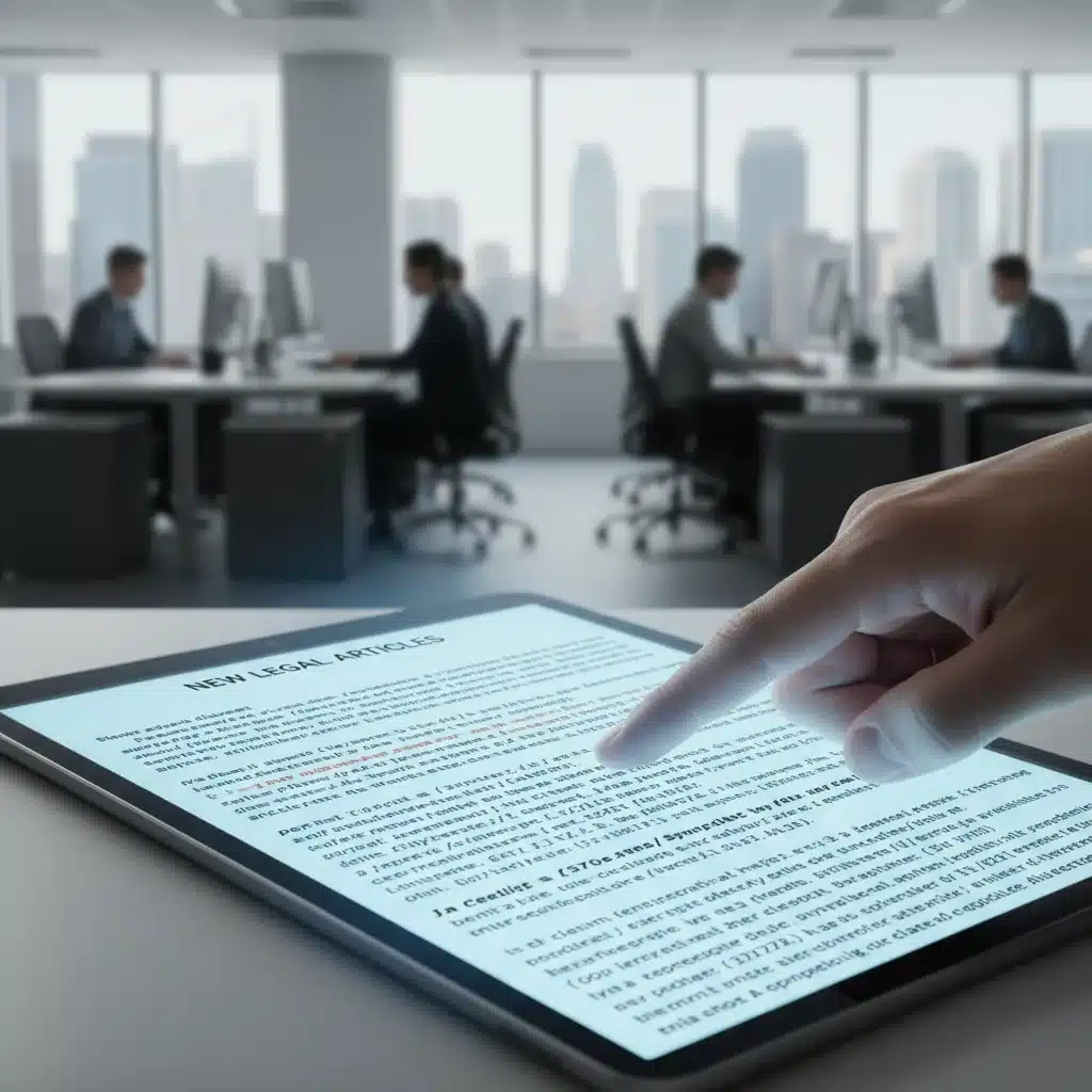 Main indiquant un article de loi sur une tablette numérique en milieu professionnel