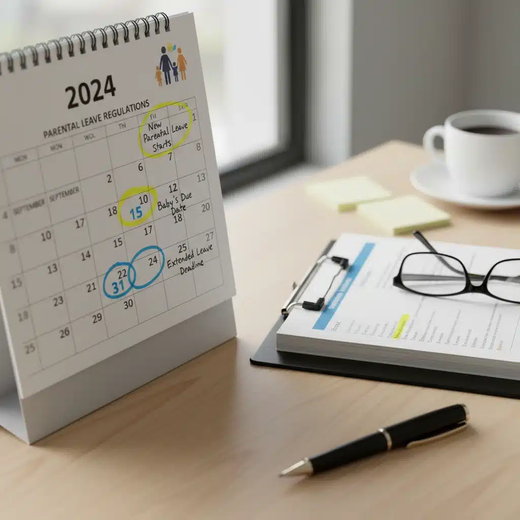 Calendrier et stylo symbolisant la planification du congé parental et les nouvelles réglementations.