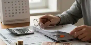 Personne organisant des documents financiers pour le budget 2026