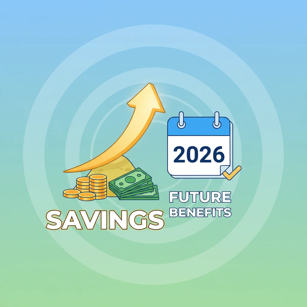 Graphique stylisé de pièces et billets avec une flèche vers le haut, symbolisant des économies financières en 2026.