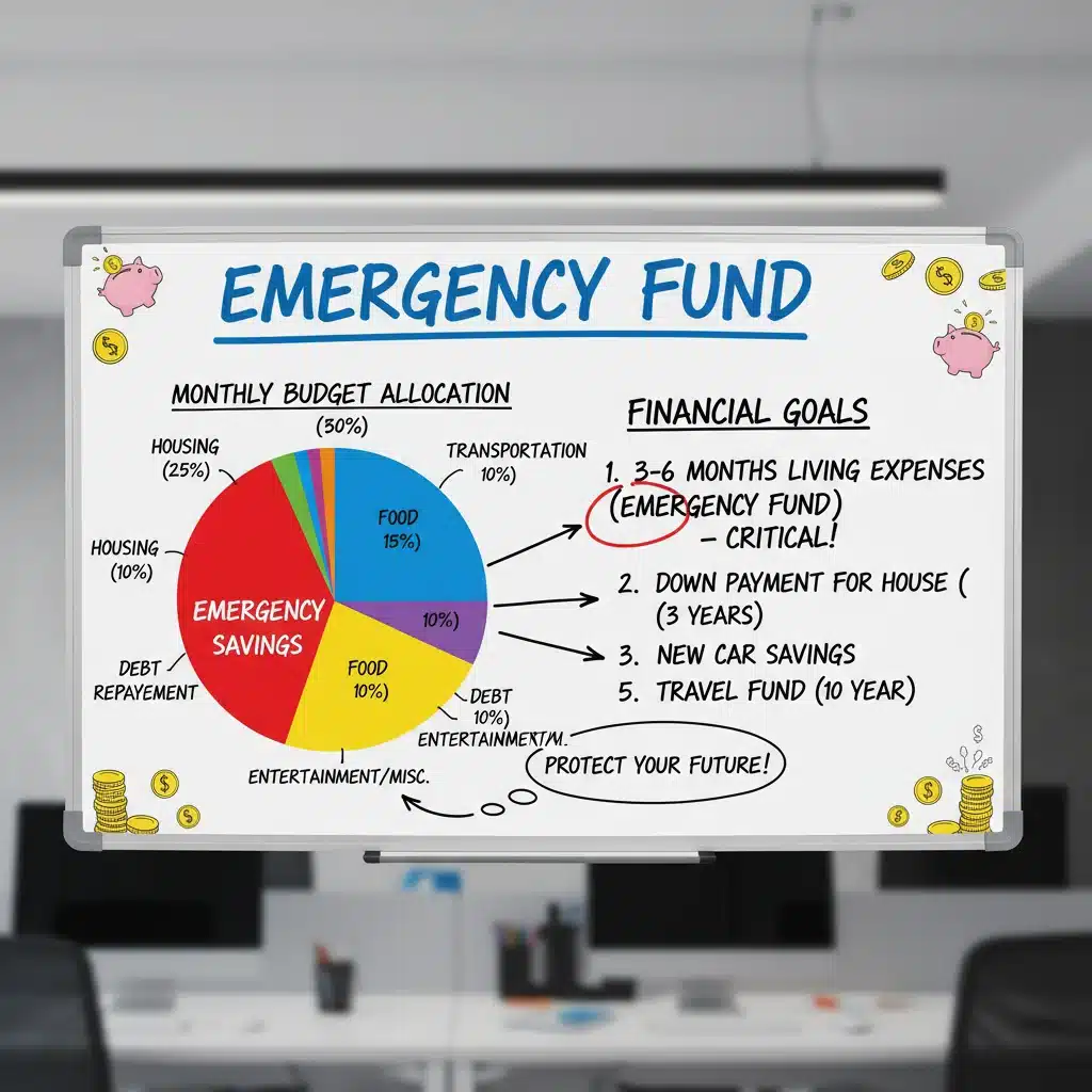 Tableau blanc avec fonds d'urgence et objectifs financiers