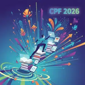 Maximisez Votre CPF en 2026 : Guide Complet et Astuces Pratiques Illustration d'une personne montant une échelle de livres et d'écrans, symbolisant la progression de carrière grâce au CPF en 2026.