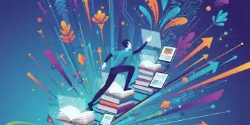 Illustration d'une personne montant une échelle de livres et d'écrans, symbolisant la progression de carrière grâce au CPF en 2026.