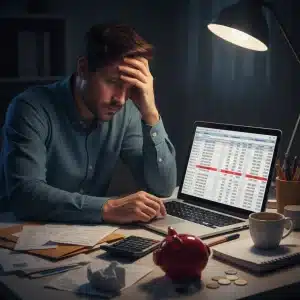 Personne stressée devant des factures et un tableau de budget sur un ordinateur portable
