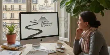 Femme réfléchissant à sa reconversion professionnelle en France devant un ordinateur