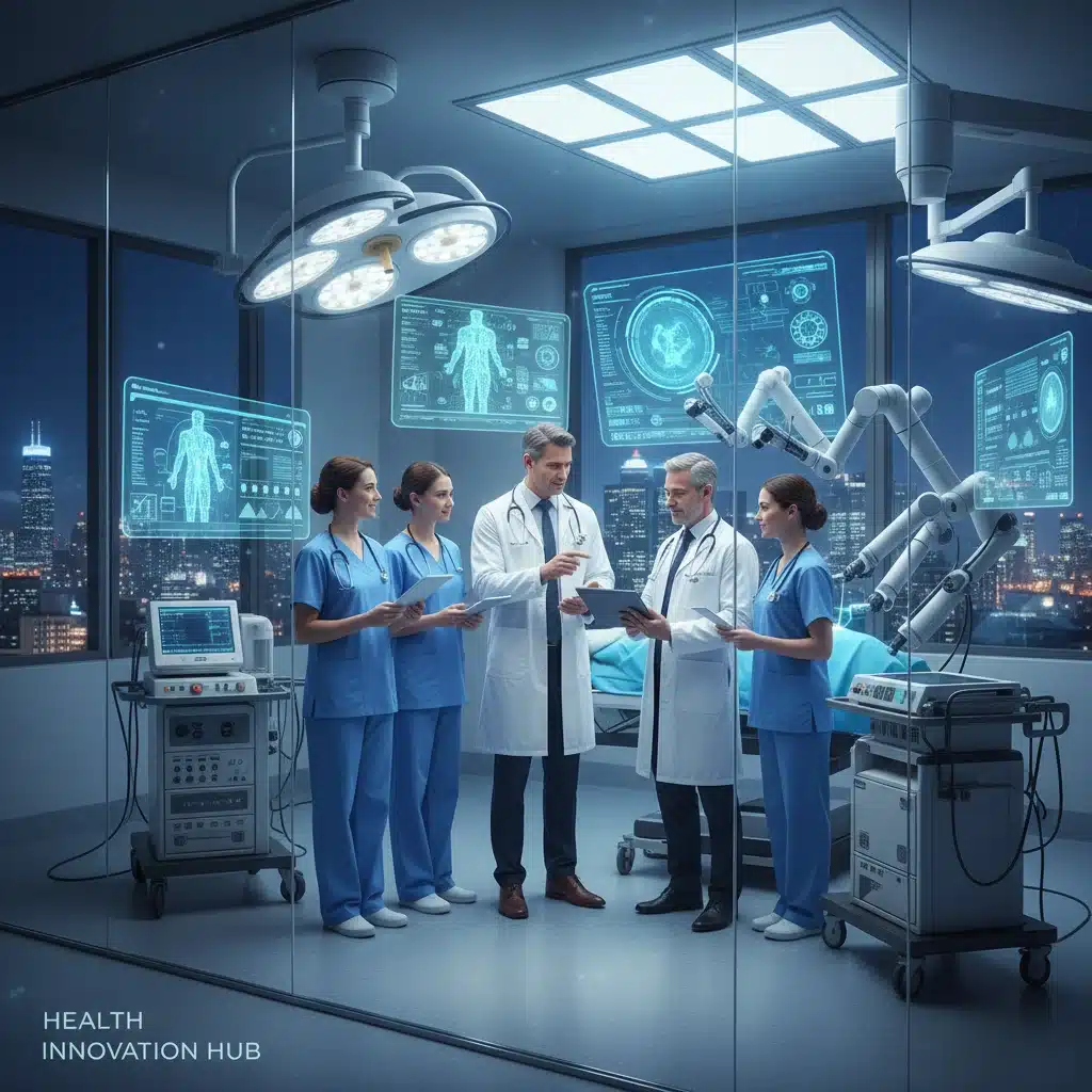 Équipe de professionnels de la santé collaborant dans un environnement médical moderne