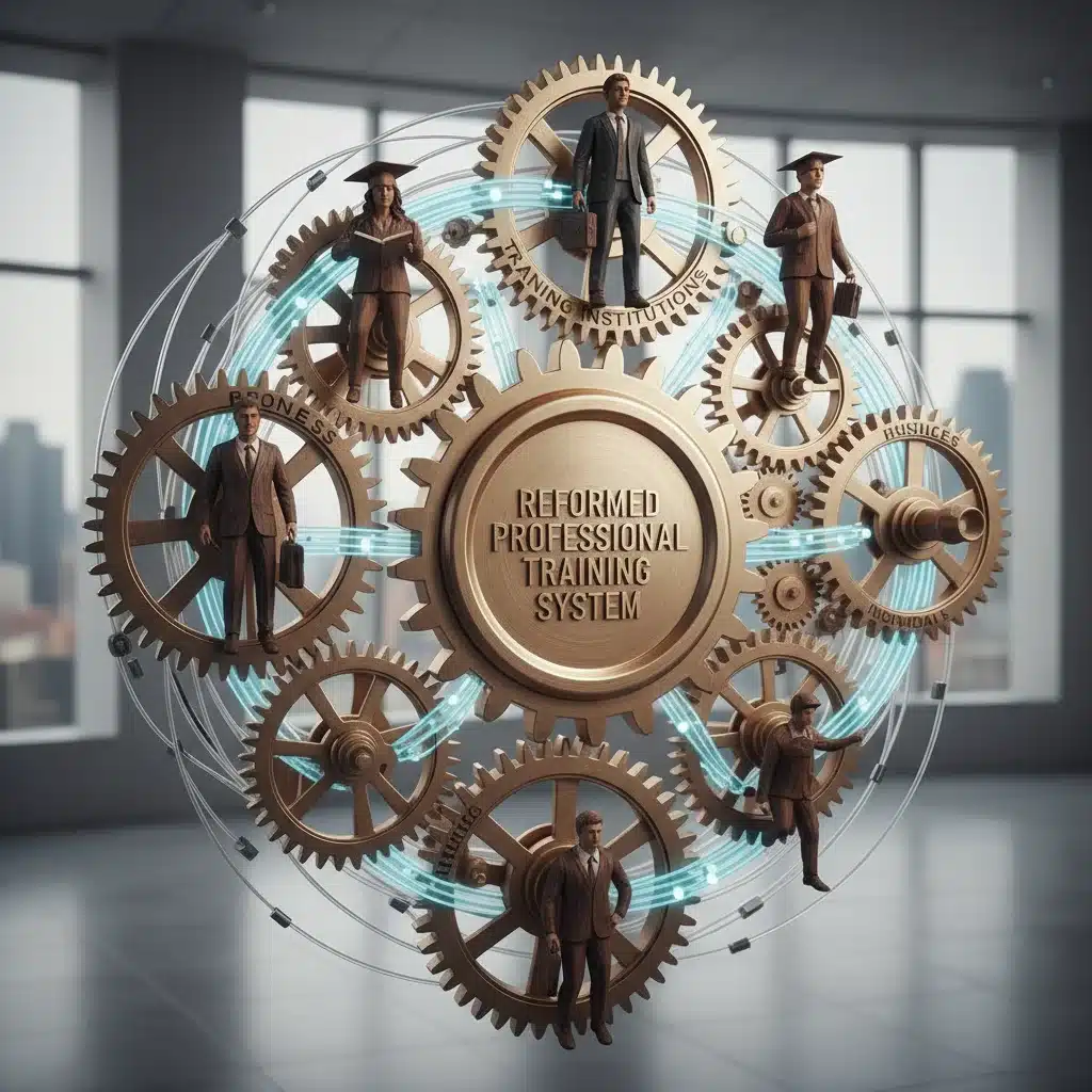 Engrenages et figures humaines symbolisant la collaboration inter-acteurs de la formation.