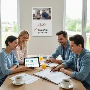 Famille planifiant son budget familial 2026 avec optimisme et outils financiers.