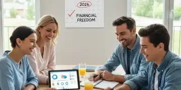 Famille planifiant son budget familial 2026 avec optimisme et outils financiers.