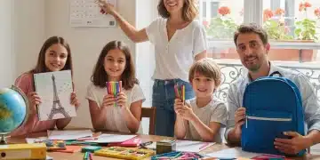 Famille préparant la rentrée scolaire 2026 avec fournitures et sourires