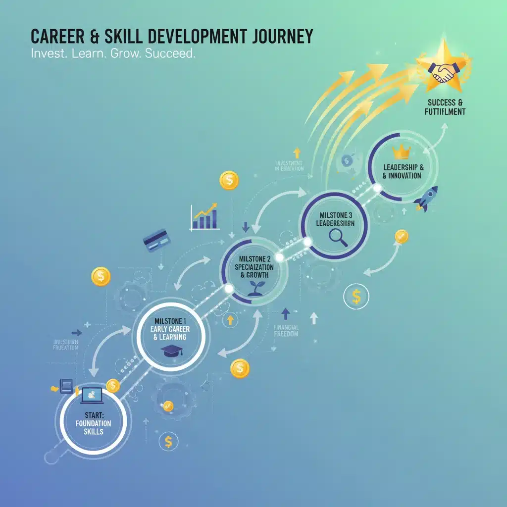 Infographie stylisée d'une feuille de route de carrière avec des jalons de développement de compétences et des symboles financiers.