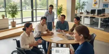 Groupe diversifié de personnes, y compris en situation de handicap, interagissant dans un bureau moderne et accessible, symbolisant l'inclusion et la conformité aux normes.