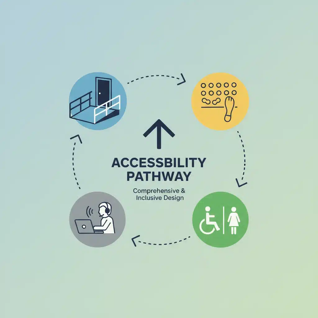 Illustration graphique des différentes fonctionnalités d'accessibilité : rampe, bande podotactile, toilettes accessibles, et utilisation d'un lecteur d'écran.
