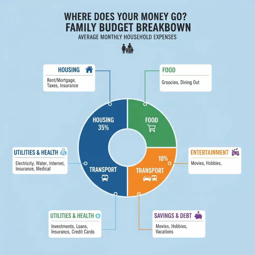 Infographie détaillée des dépenses courantes d'un budget familial annuel.