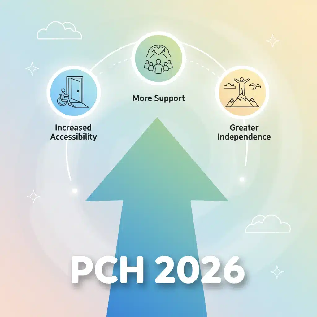 Infographie montrant l'évolution positive de la PCH 2026 vers plus d'accessibilité et d'autonomie.